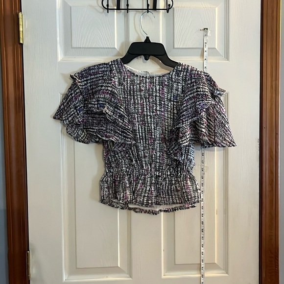 NWT-express-XS-purple/black abstract print-Ruffle sleeves, pet plum top/blouse - Picture 3 of 12